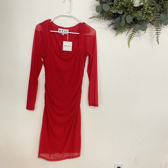 Wray Women's Size Medium Marilis Dress Long Sleeve Red Mesh Bodycon Party - Picture 2 of 9